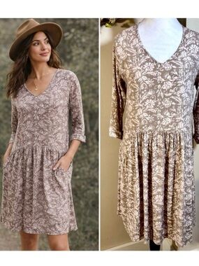 Garnet Hill Taupe Floral Drop Waist  Dress 3/4 Sleeves Pockets Size 6💛